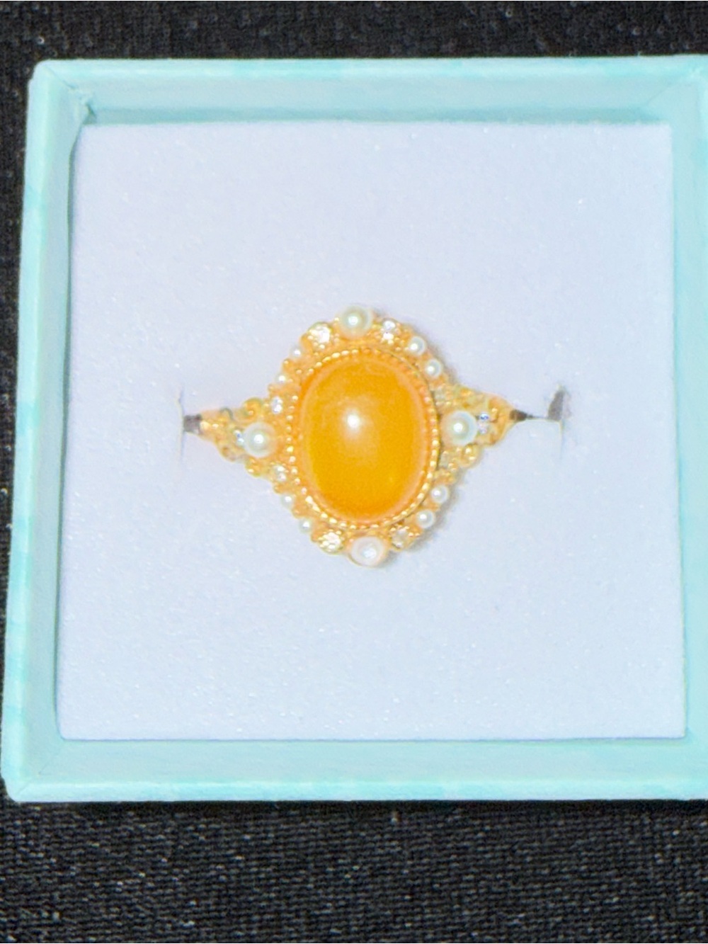 Beeswax amber gold plated pearl bead adjustable ring